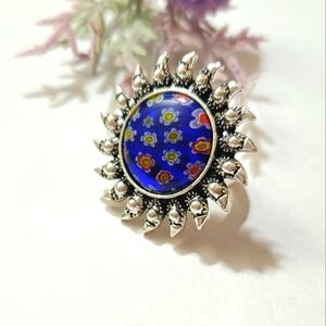Silver Plated Blue Glass Millefiori Statement Ring Size 8 Adjustable